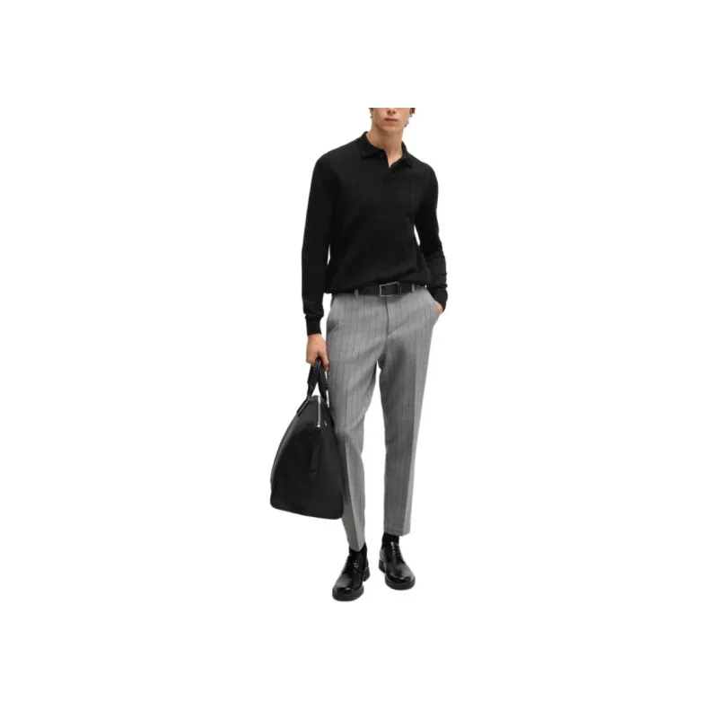 HUGO BOSS Wool Polo Sweater With Knitted Stripes Sweater Men's Black-1