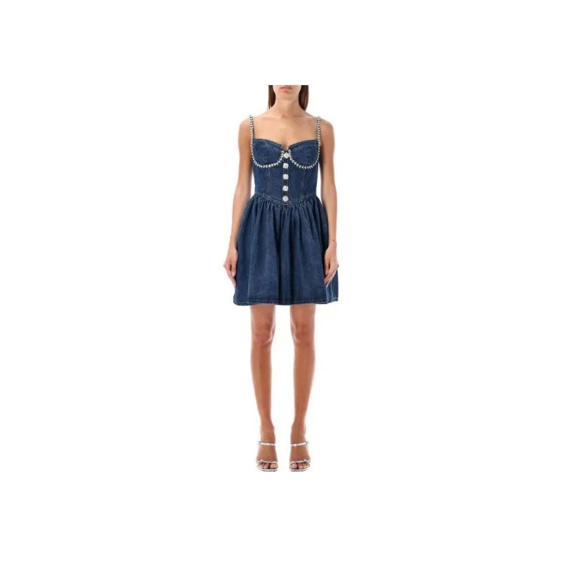 Self portrait Embellished Denim Flared Mini Dress-3