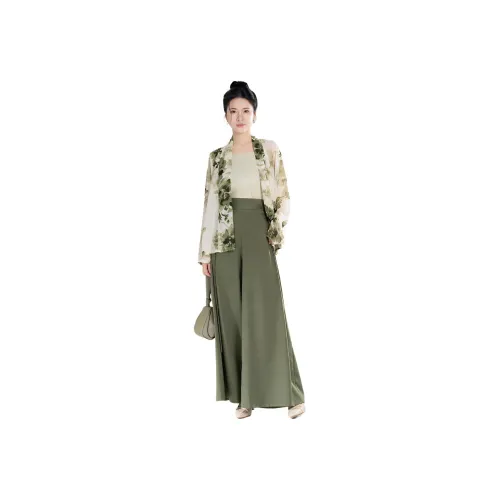 Weaving Division 3종 세트 비행기 소매 + 오프숄더 상의 + 바지 여성 한푸