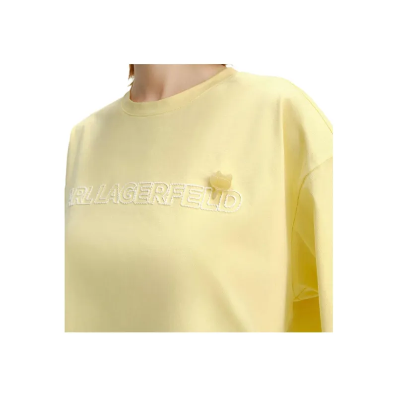 KARL LAGERFELD Solid Color Crew Neck Loose Fit Print Short Sleeved Shirt T Shirt Women's Yellow-4