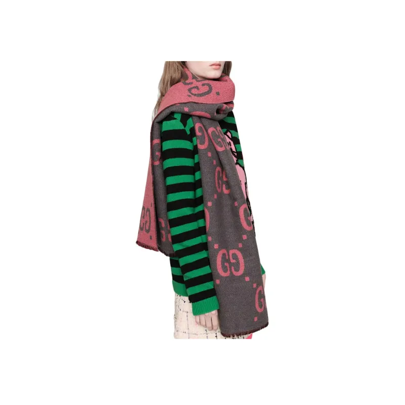 GUCCI Knit Scarves Women's Light Gray/Pink-3