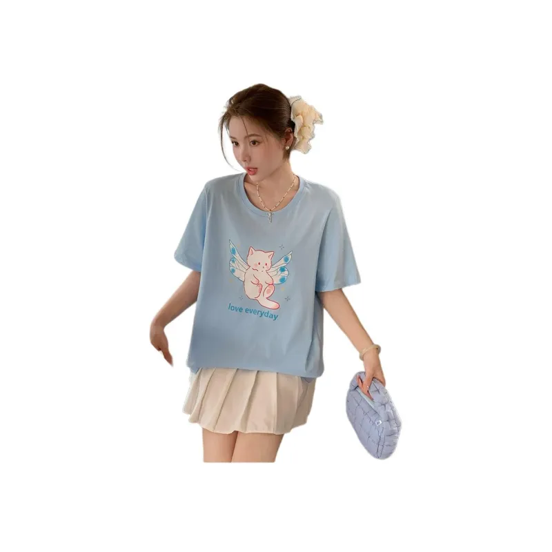 Mu Xiao Xin T Shirt Women's Light Blue Angel Kitten T Shirt-3