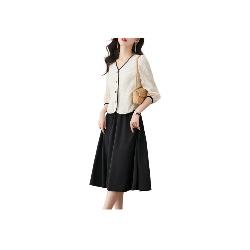 Still quiet Two Piece Skirt Sets Women's Clothing Sets Beige+Black-1