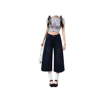 Wen Shan Denim Shorts Women's Black Capri Pants