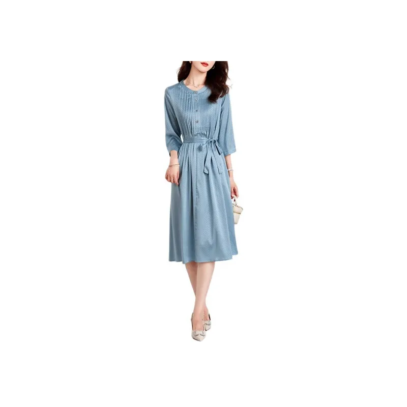 Yi Mengyuan Silk Short Sleeved Dress Women's Ocean Blue-0