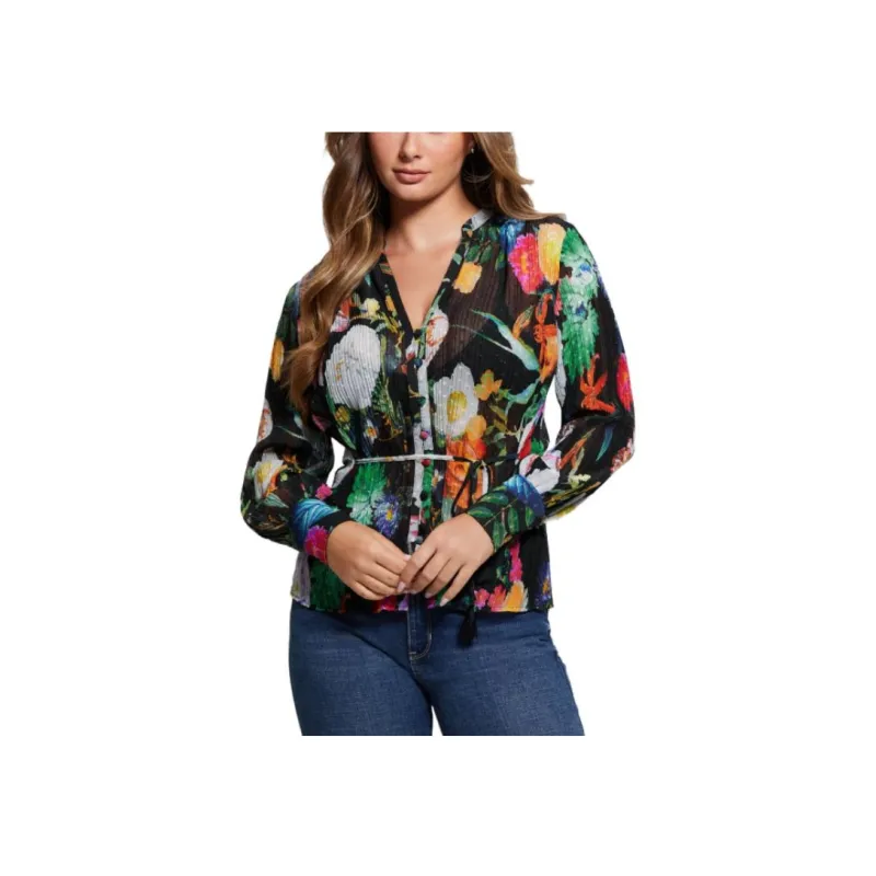 GUESS Shirt Women's Flowers On A Black Background-0