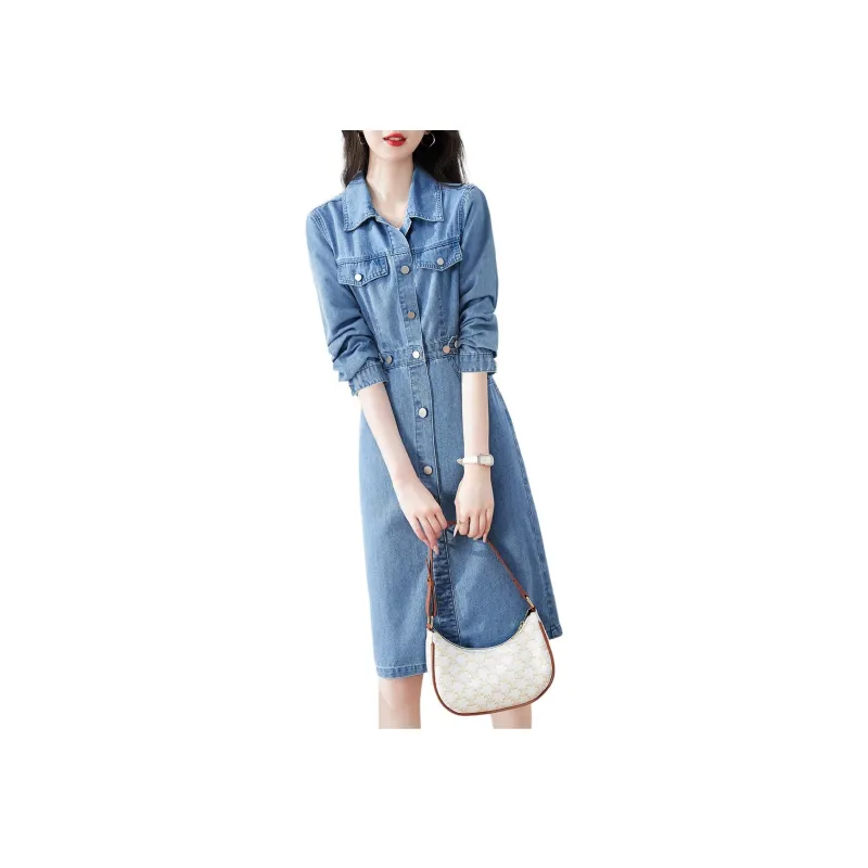 XWI Long Sleeved Dress Women's Denim Light Blue-1