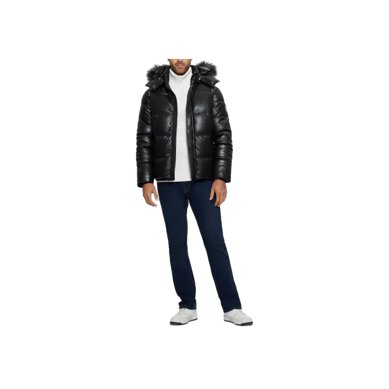 GUESS Faux-Leather Hooded Puffer Jacket Jackets Coats Men's Black-0