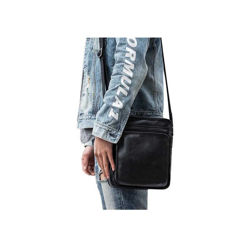 Back Step Top Grain Vegetable Tanned Cow Leather Shoulder Bag Crossbody Messenger Bag Regular Unisex Black-4