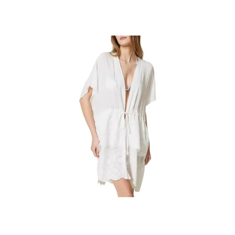 TWINSET MILANO Flounced Kaftan With Belt Short-Sleeved Dresses Women's White-1