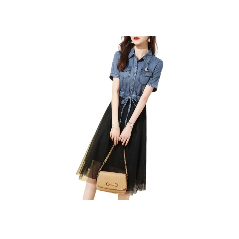 Mo Han Yi Mei Short Sleeved Dress Women's Blue Top And Black Bottom-0