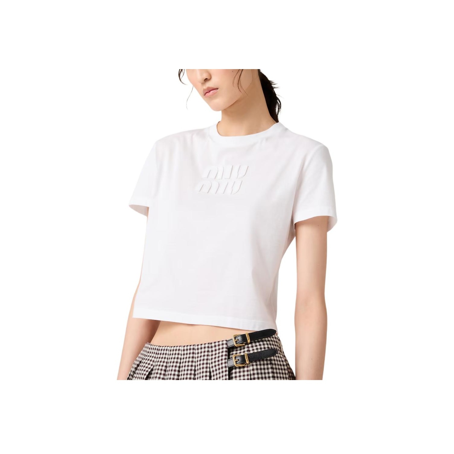 MIU MIU ホワイト Tシャツ リボン XS ◇MiuMiu 23AW 最新作◇リボン付き コットン Tシャツ /White