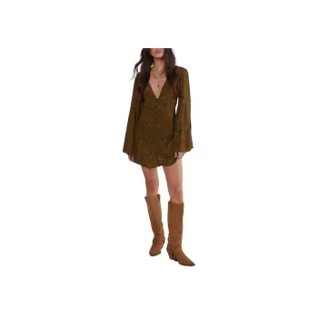 NASTY GAL Floral Print Extreme Sleeve Button Down Mini Dress Long-Sleeved Dresses Women's Khaki