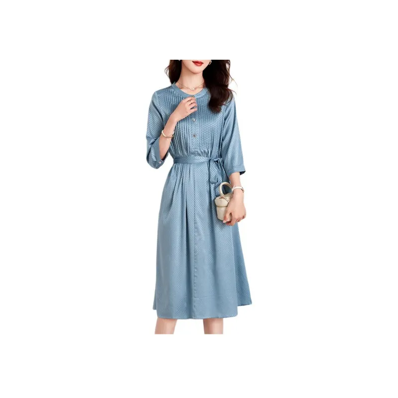 Yi Mengyuan Silk Short Sleeved Dress Women's Ocean Blue-2