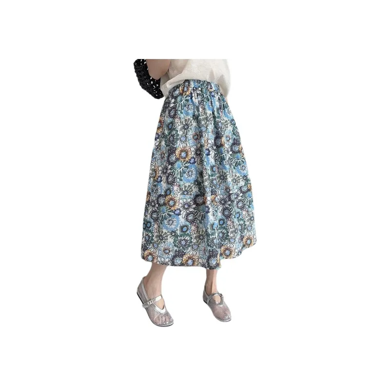 Yi Mengyuan Casual Long Skirt Women's Blue Sunflower-0