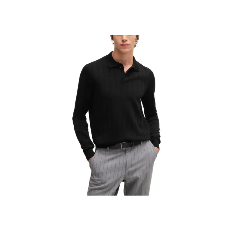 HUGO BOSS Wool Polo Sweater With Knitted Stripes Sweater Men's Black-2