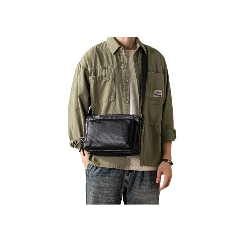 Back Step Top Grain Vegetable Tanned Cow Leather Genuine Leather Crossbody Bag Shoulder Bag Unisex Black-4