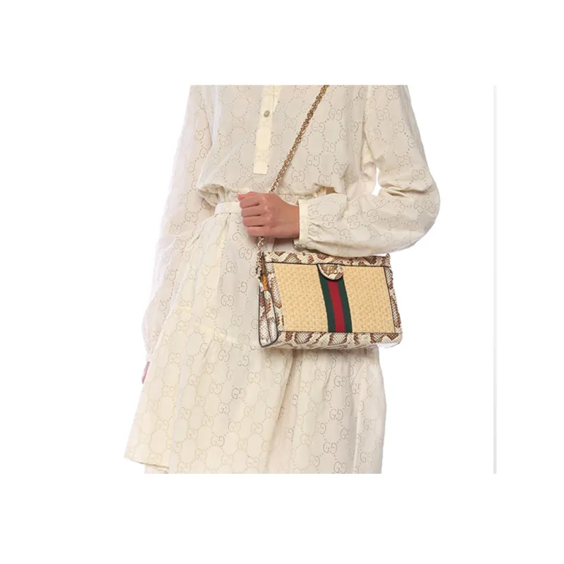 GUCCI Ophidia Straw Woven With Snake Skin Crossbody Bag Shoulder Bag Women's Beige-5