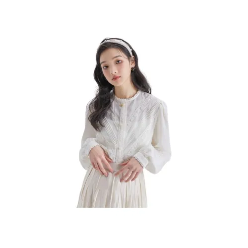 DEAR DEER PUFF 플로럴 애프리콧 버드 여성 셔츠