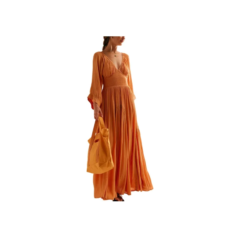 FREE PEOPLE Dixie Maxi Long-Sleeved Dresses Women's Golden Earth/Gold Big Earth-0
