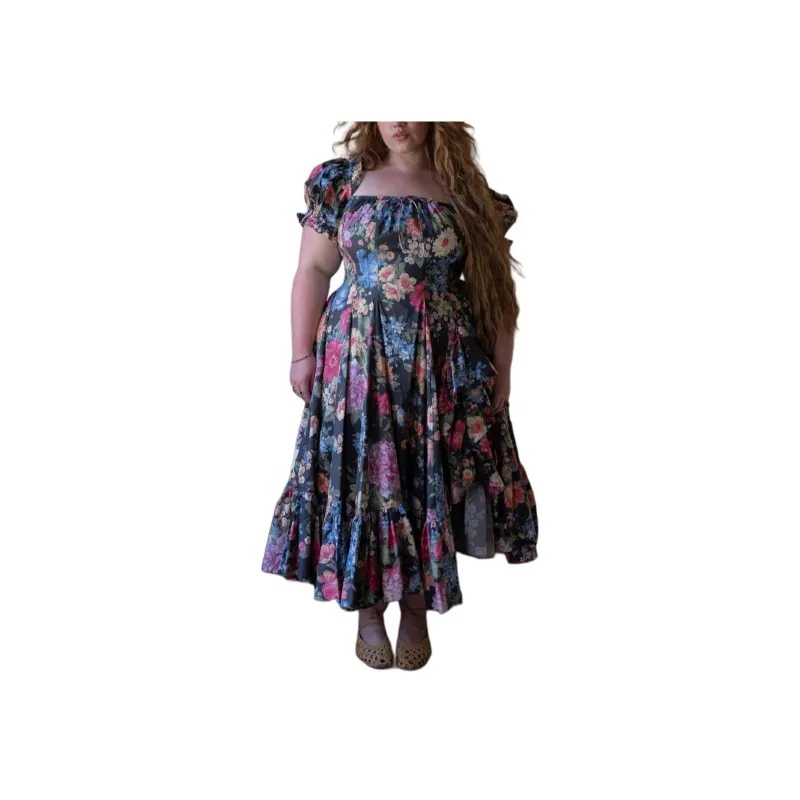 Selkie Collection SS24 Short Sleeved Dress Women's Black With Flourishing Garden Print-1