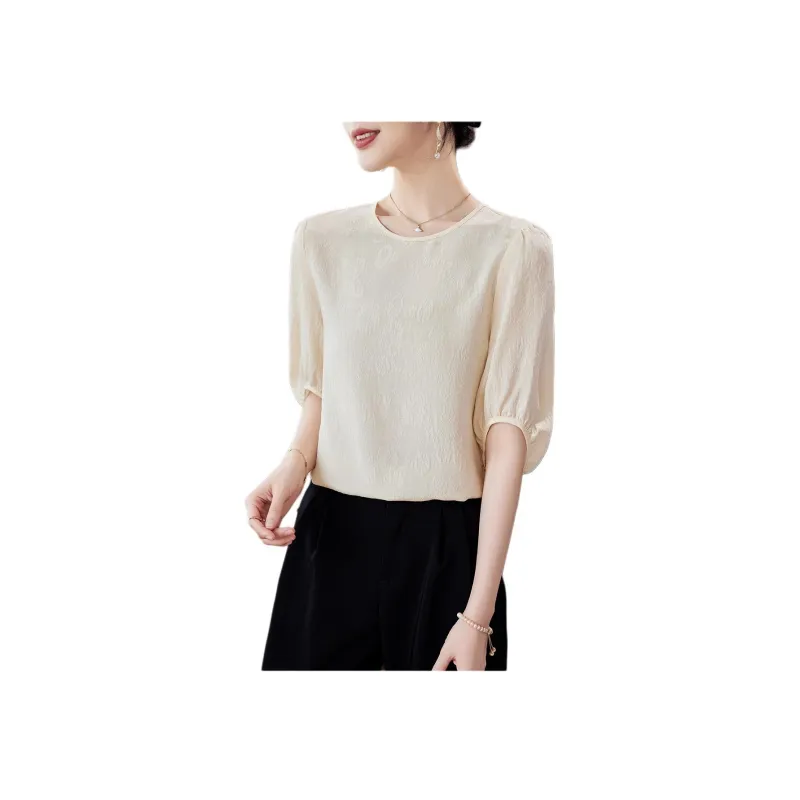 Yi Mengyuan Solid Color Crew Neck Slim Fit Elbow Length Sleeved Shirt Silk T shirt Women's-1