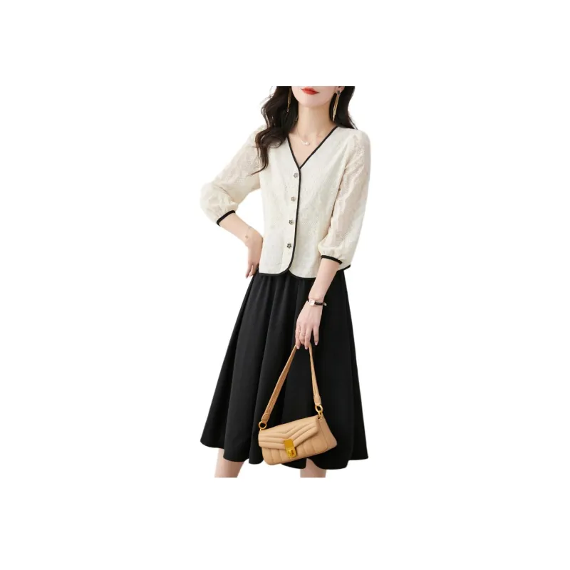 Still quiet Two Piece Skirt Sets Women's Clothing Sets Beige+Black-3