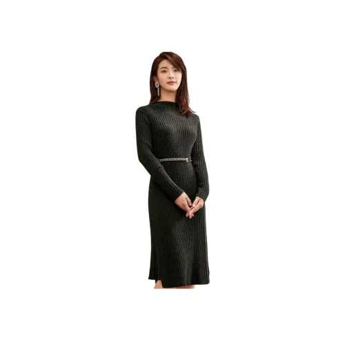 MIHUANG 다크그레이 블랙 여성 긴팔 원피스