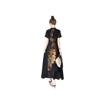 Cypress House Short-Sleeved Dresses Women's Black Background With Yellow Flowers