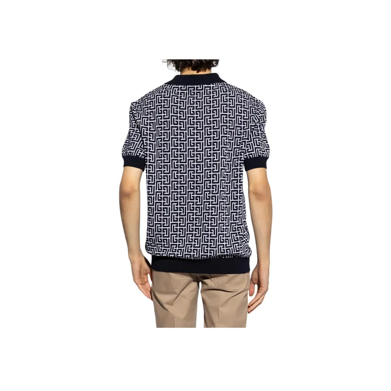 BALMAIN Monogram Printed Knitted Polo Shirt-3