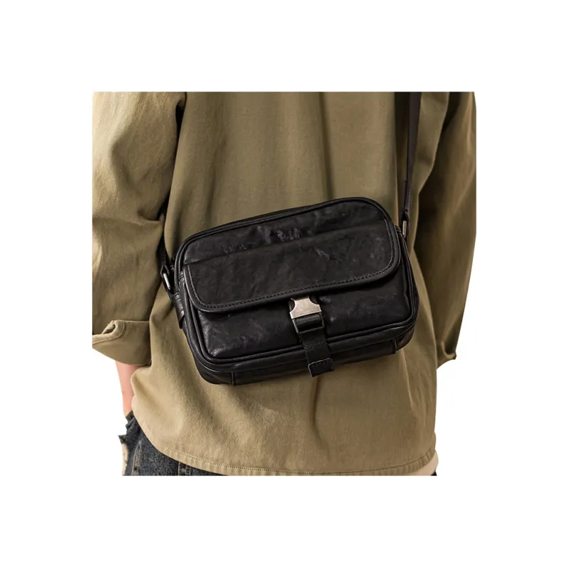 Back Step Top Grain Cow Leather Shoulder Bag, Crossbody Bag Unisex Black-4