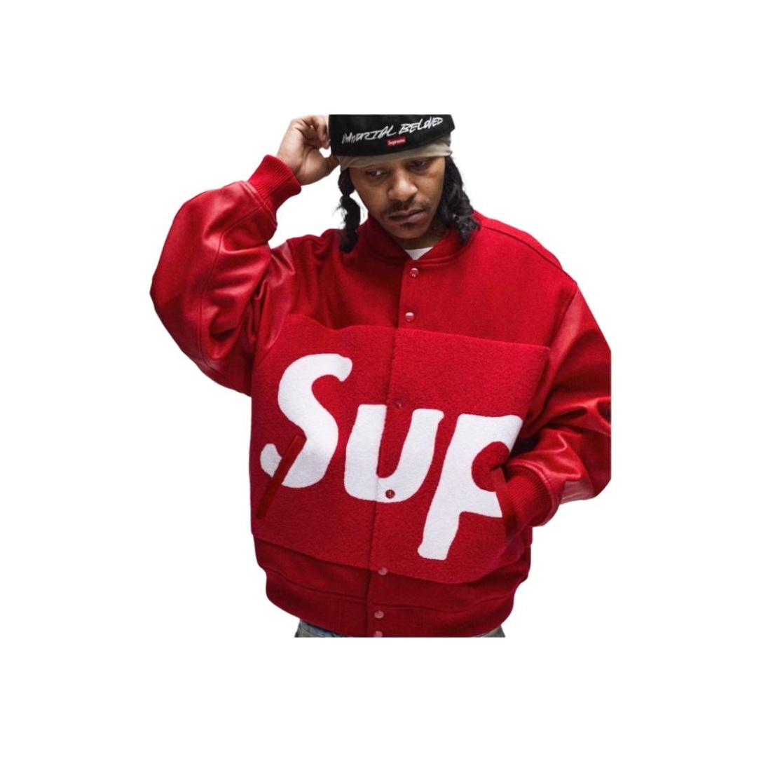 Supreme Big Logo Chenille Varsity Jacket Red M in Hand | eBay