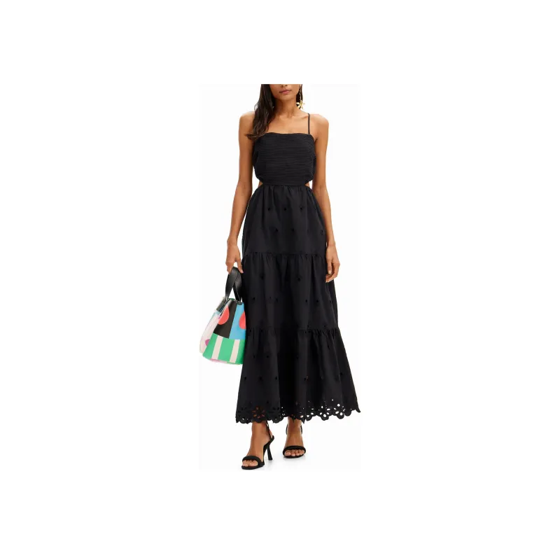 Desigual Long Embroidered Cut Out Dress Slip Dress Women's Black-1