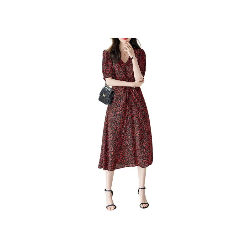 【dme】 Short Sleeved Dresses Women's Dark Red-2
