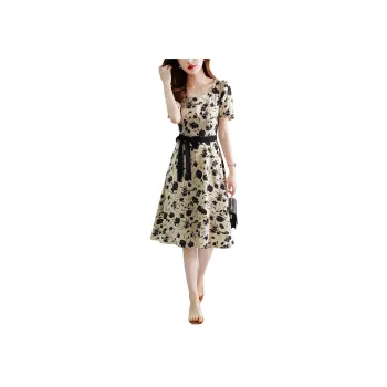 XWI SS24 Short Sleeved Dress Women's Beige With Black Floral