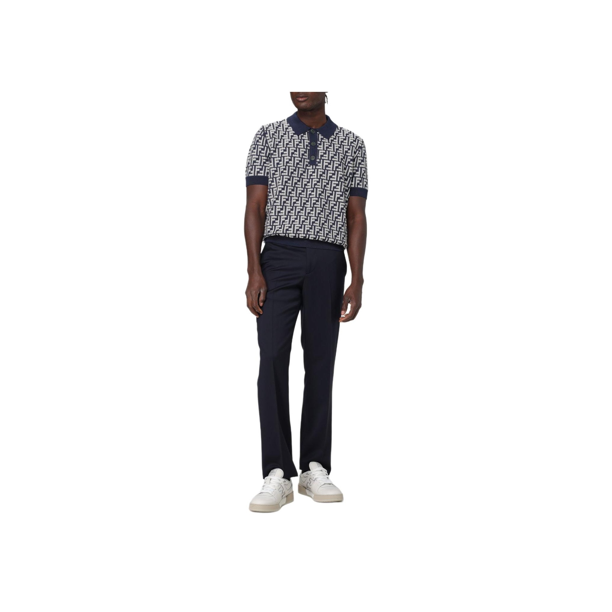 【FENDI】FF Motif Print Regular Fit Short Sleeve Polo Shirt Men's FENDI FF Alphabet Dark Pattern Printing Short Sleeve