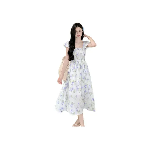 ONNFB 화이트 베이스 퍼플 꽃무늬 여성 반팔 원피스