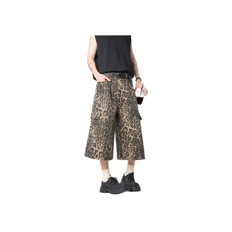 K411 Denim Shorts Unisex Leopard Print-0