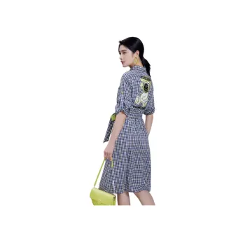 BBLLUUEE Long Sleeved Dress Women's Black White Plaid