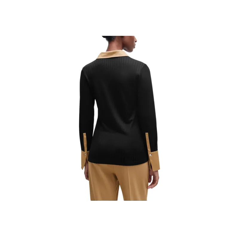 HUGO BOSS Ribbed Long-Sleeved Blouse With Johnny Collar Shirt Women's Black-3