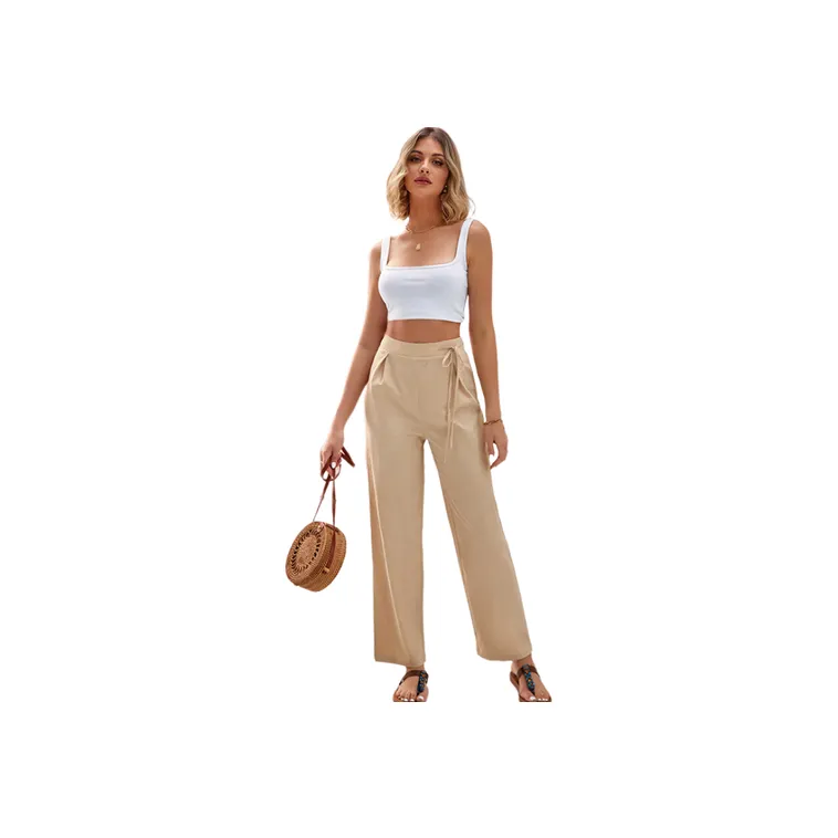Simple Plain Ice Hemp Fabric Casual Pants Women-0