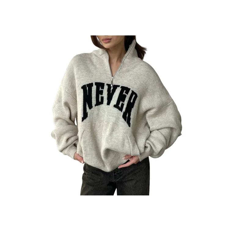 Casual Contrast Color Letter Half Zip Wool Like Fabric Sweater Women-0