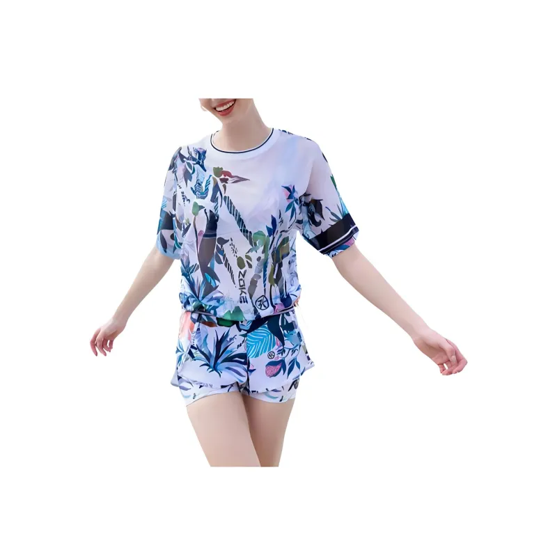 ZOKE Two-Piece Swimwear Women's White Base Leaf Flower-1