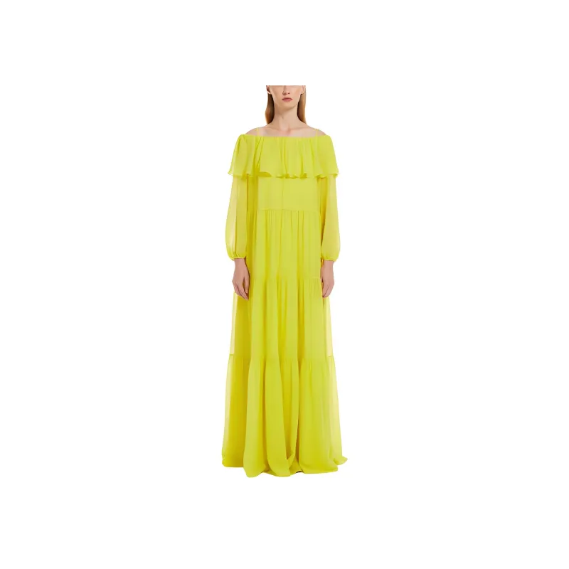 MaxMara Lemma Collection Printed Silk Off The Shoulder Dress Long Sleeved Dress Women's Yellow-2