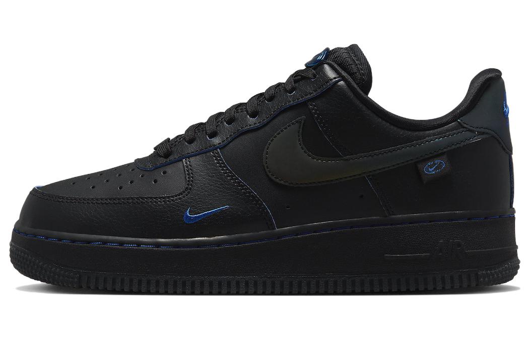 black air forces with blue nike sign
