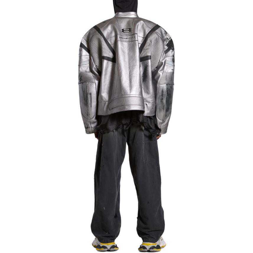 Balenciaga SS24 Leather Jacket Loose Fit Style Unisex Silver Balenciaga SS24 Leather Jacket Loose Fit Style Unisex Silver