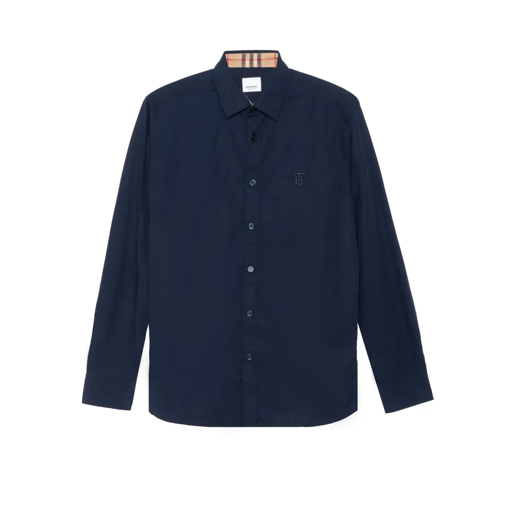 Tシャツ・カットソー Burberry Navy blue stretch poplin shirt (8071800 A1222) Burberry Stretch Cotton Poplin Shirt Navy White Men's - US