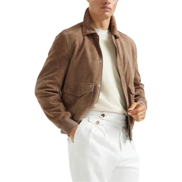 【関税＆送料込み】Brunello Cucinelli Brown Jacket With Cla Brunello Cucinelli - Brown Leather Stand Collar Jacket