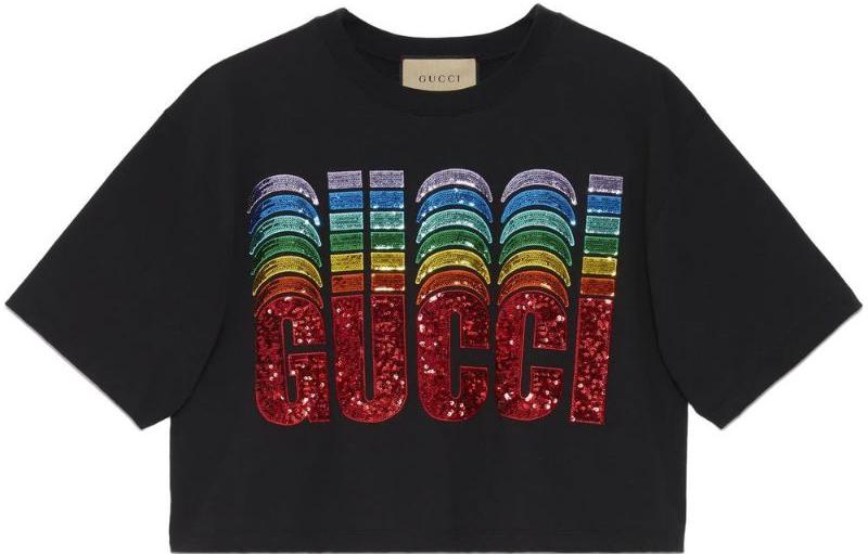 GUCCI★素敵！Red Cotton GG LOGO Rainbow Tee T-SHIRT sz L NEW $580 GUCCI Men's Red Cotton Yellow ROCKER GG LOGO