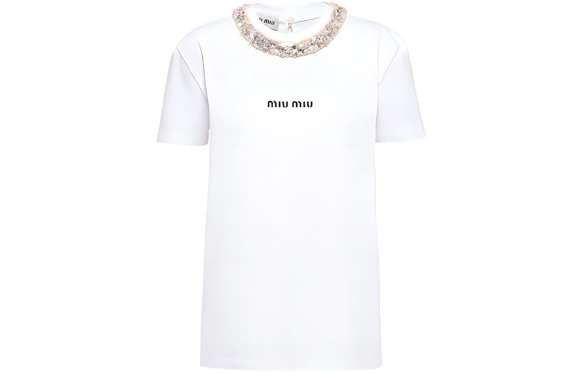 miu miu ホワイト Tシャツ XS Miu Miu logo-embroidered Cotton T-shirt | White | FARFETCH